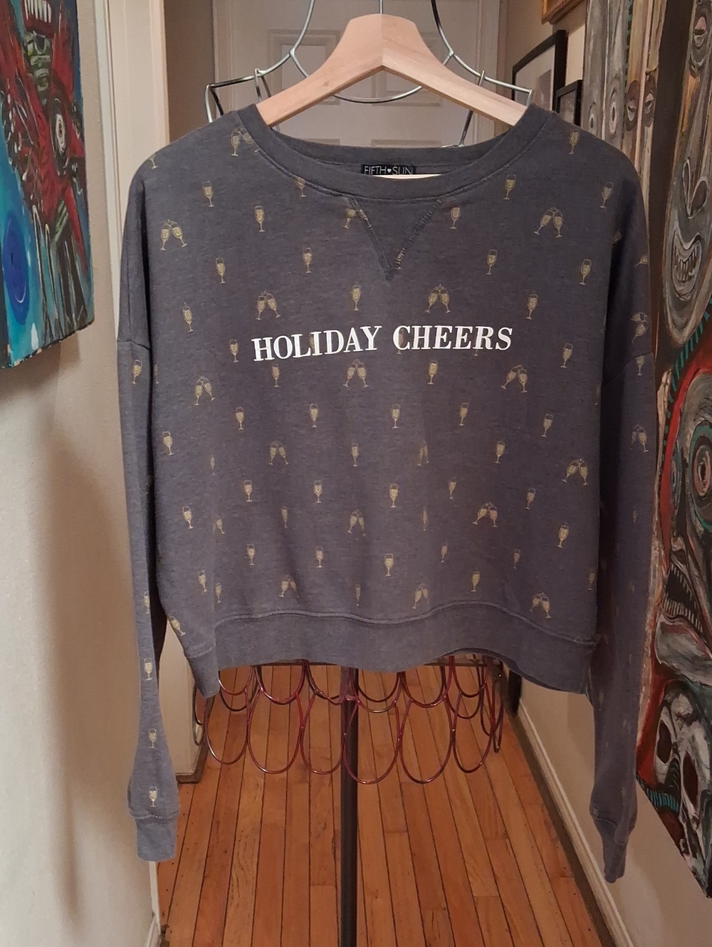 Fifth Sun Holiday Cheers Gray Sweatshirt with Gold Champagne Motif